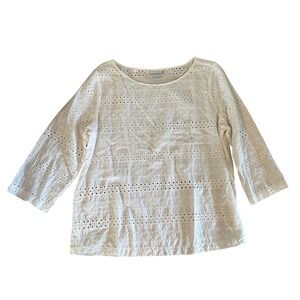 Liz Claiborne White Eyelet Blouse‎ Top 3/4 Sleeve Cotton Womens Size Large